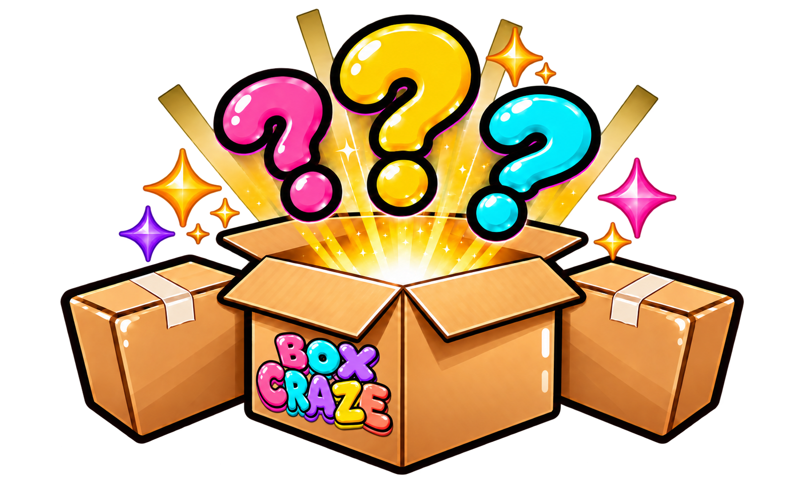 Three mystery boxes with colorful question marks
