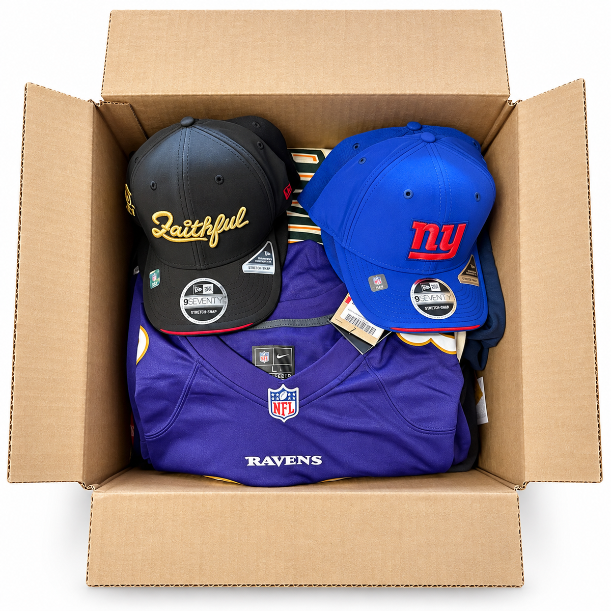 Open Game Time Mystery Box showing example hats and athletic apparel; actual contents vary