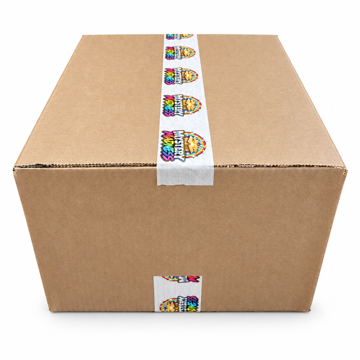 Closed Mystery Madness box on a clean white background