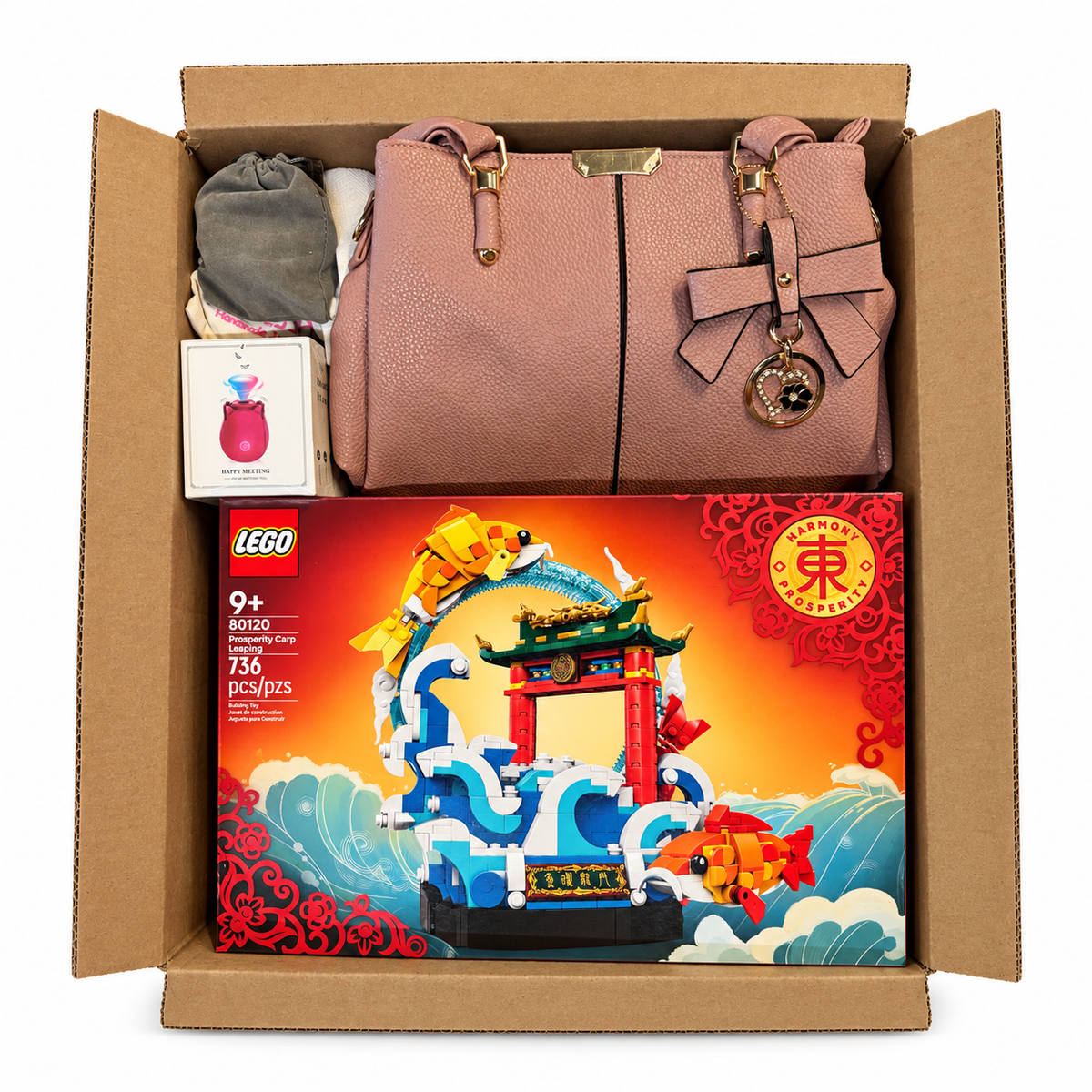 Mystery Madness box showing example new products including a handbag and building set; actual contents vary
