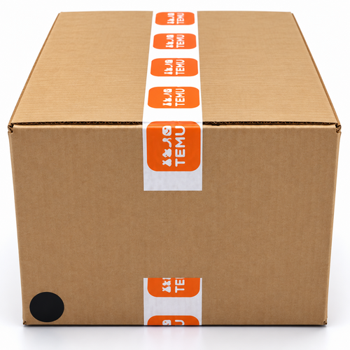 A closed Temu Mystery Box on a white background
