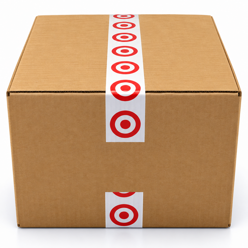 A closed TGT Fashion Mystery Box on a white background